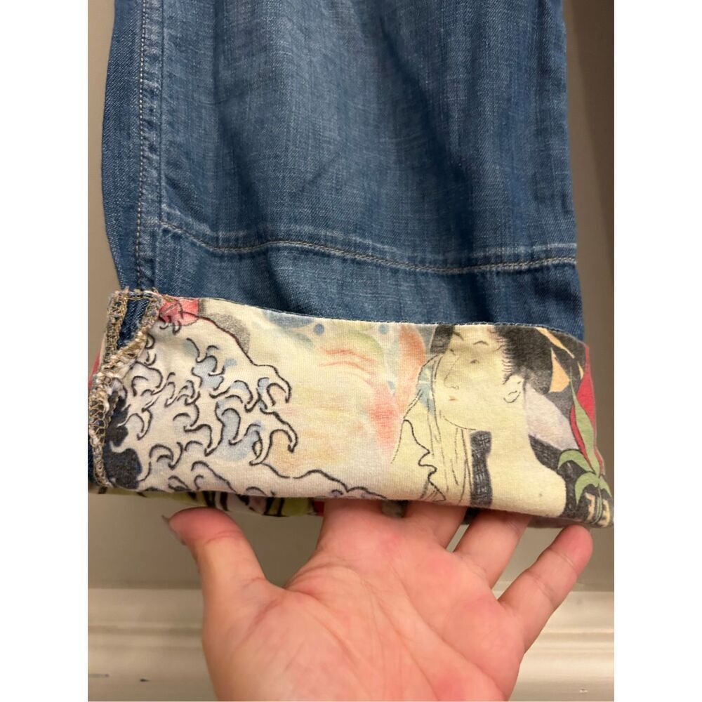 Y2K Lucky Brand Jeans Japanese Ukiyoe Artsy Pattern Cropped Jeans size 29 Hippie - Picture 4 of 12